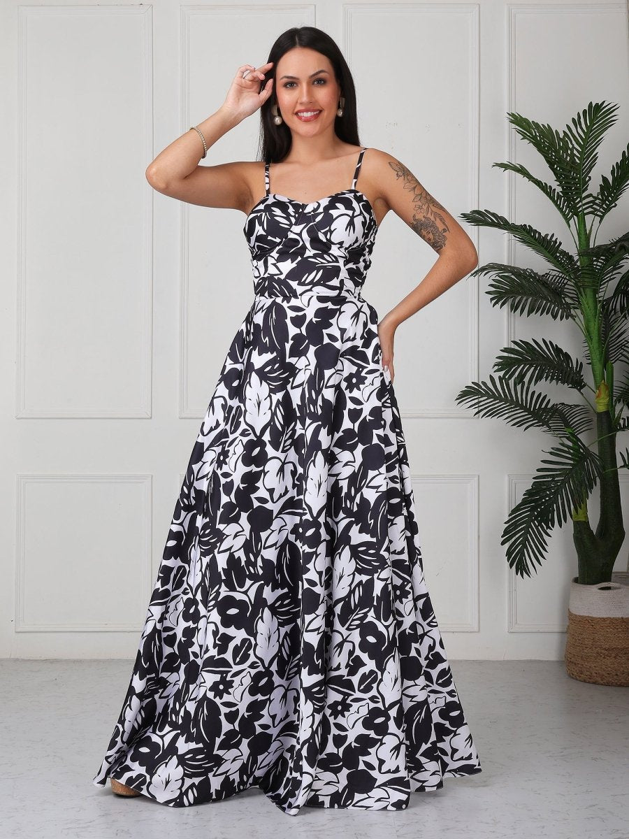 Black Floral Printed Flared Maxi Drees - GAIIA