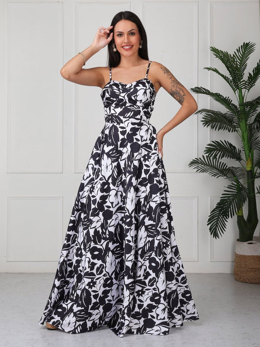 Black Floral Printed Flared Maxi Drees - GAIIA