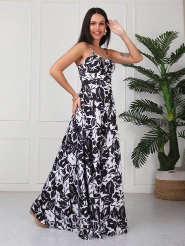 Black Floral Printed Flared Maxi Drees - GAIIA