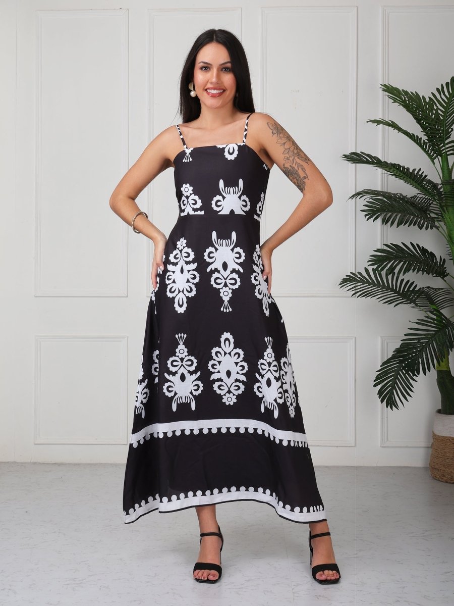 Black Floral Printed Strap Maxi Dress - GAIIA