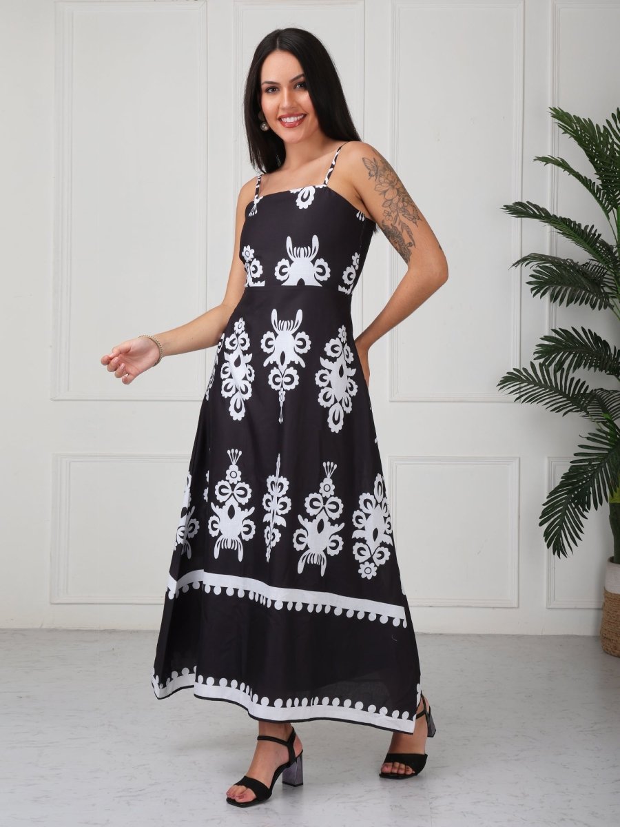 Black Floral Printed Strap Maxi Dress - GAIIA