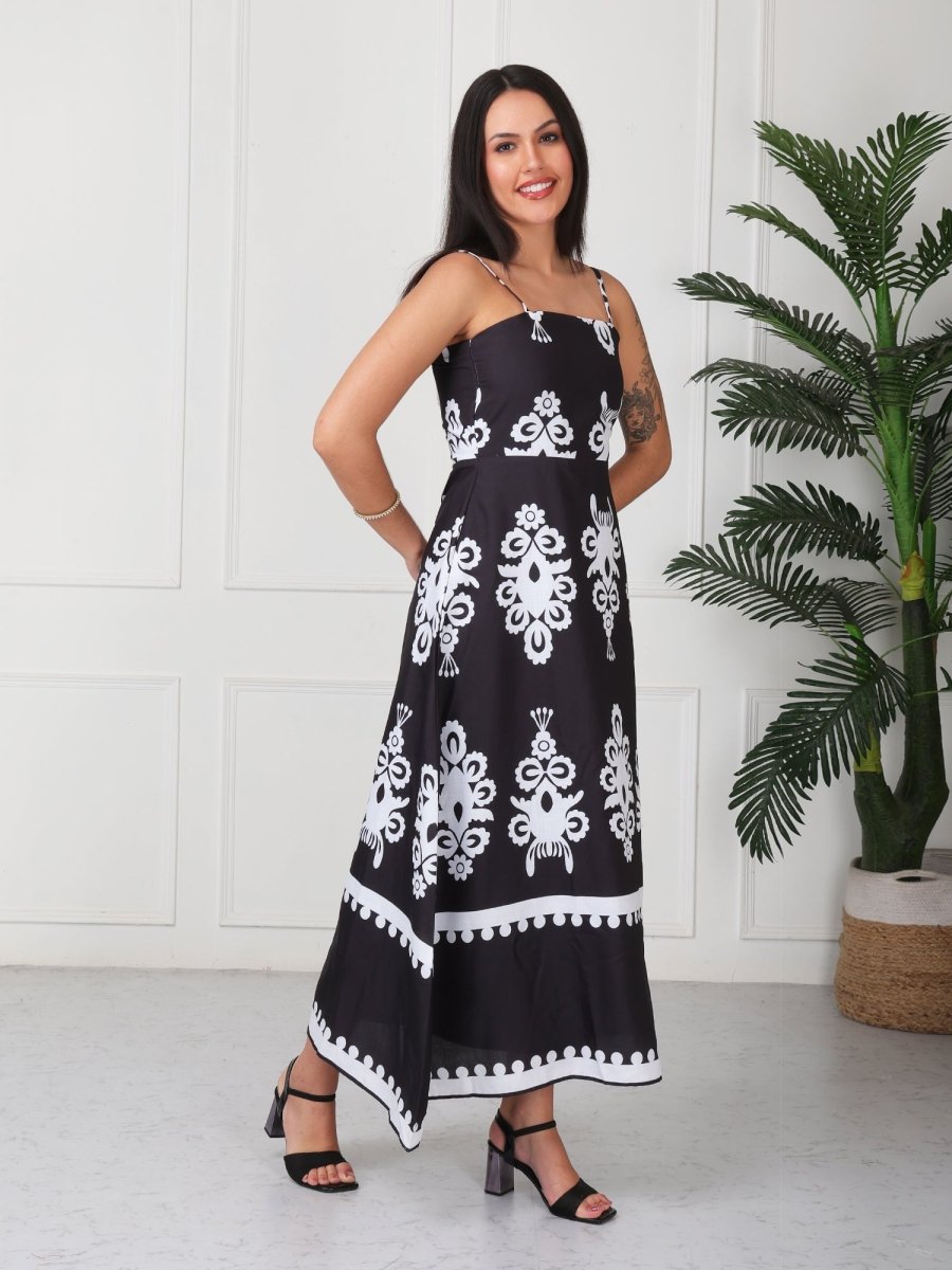 Black Floral Printed Strap Maxi Dress - GAIIA