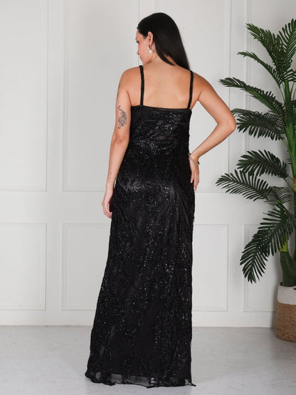 Black Hand Work Embellished Party Maxi Dress - GAIIA