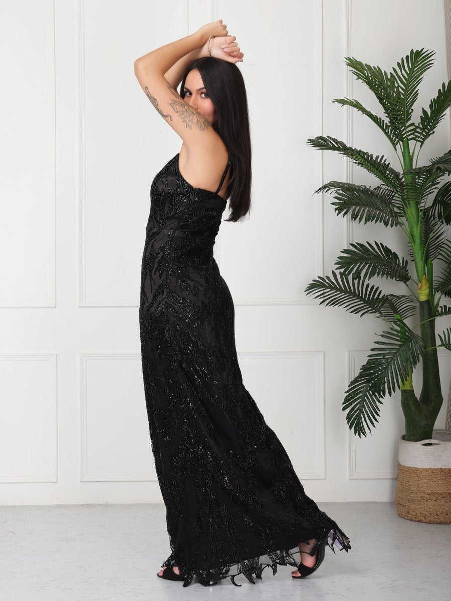Black Hand Work Embellished Party Maxi Dress - GAIIA