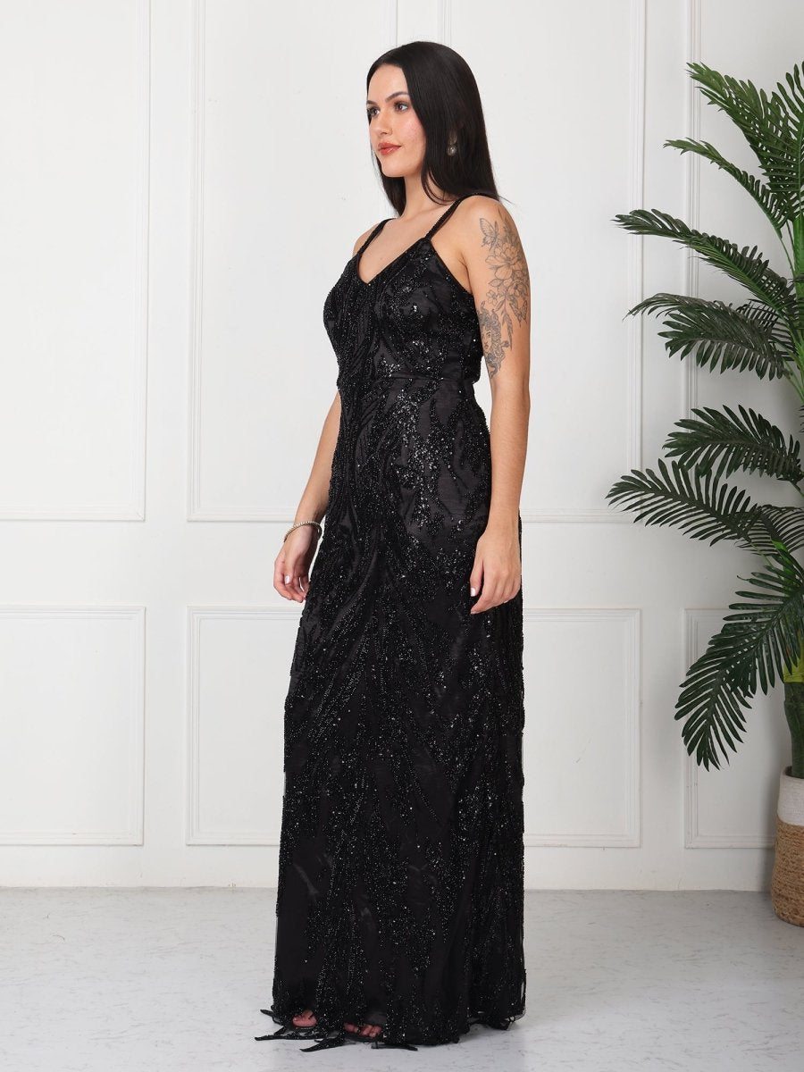 Black Hand Work Embellished Party Maxi Dress - GAIIA