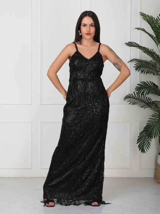 Black Hand Work Embellished Party Maxi Dress - GAIIA