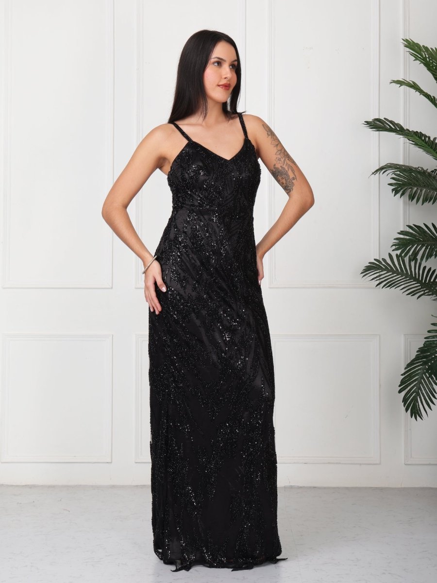 Black Hand Work Embellished Party Maxi Dress - GAIIA