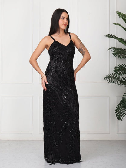 Black Hand Work Embellished Party Maxi Dress - GAIIA