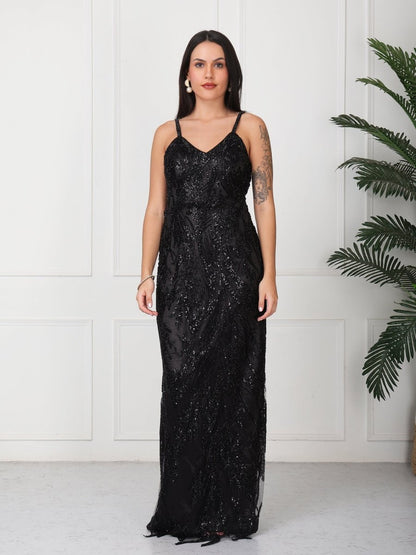 Black Hand Work Embellished Party Maxi Dress - GAIIA