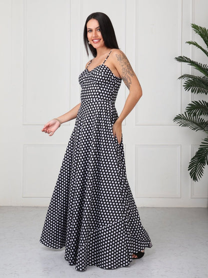 Black Polka Print Strap Maxi Dress - GAIIA