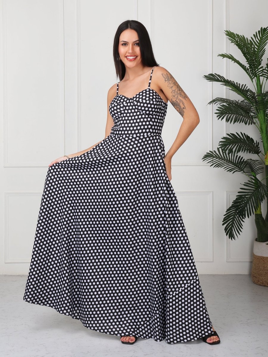 Black Polka Print Strap Maxi Dress - GAIIA
