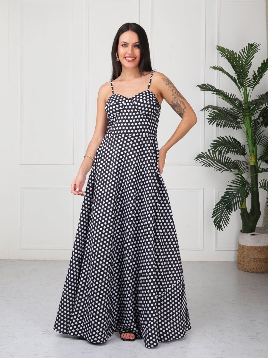 Black Polka Print Strap Maxi Dress - GAIIA