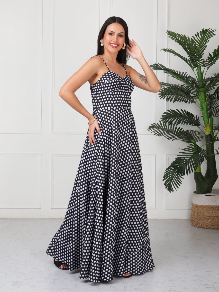 Black Polka Print Strap Maxi Dress - GAIIA
