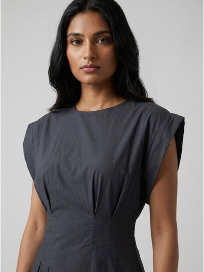 Black Solid Structured Sleeve Cotton Maxi Dress - GAIIA