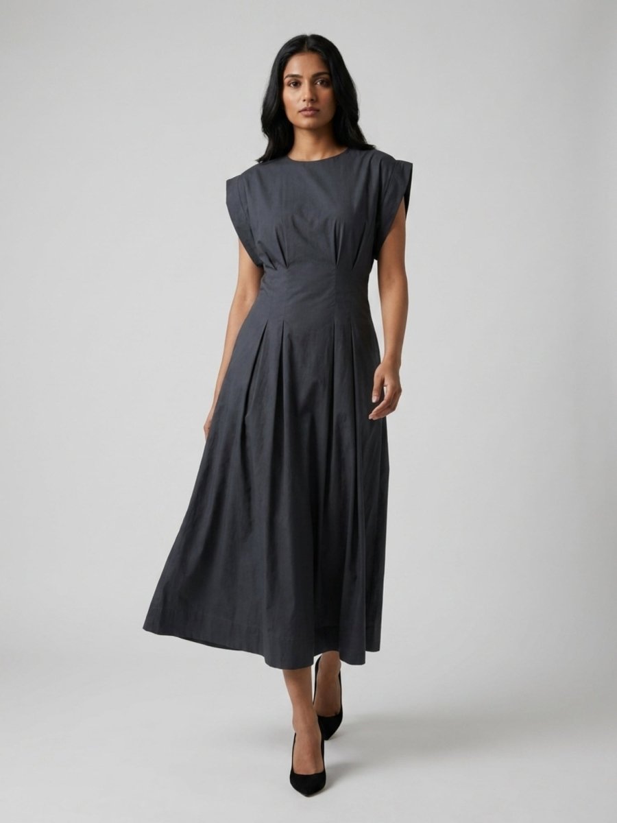 Black Solid Structured Sleeve Cotton Maxi Dress - GAIIA