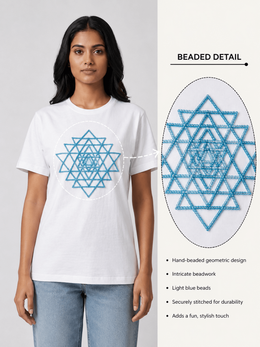 Blue Beaded Sri Yantra Cotton T-Shirts - GAIIA