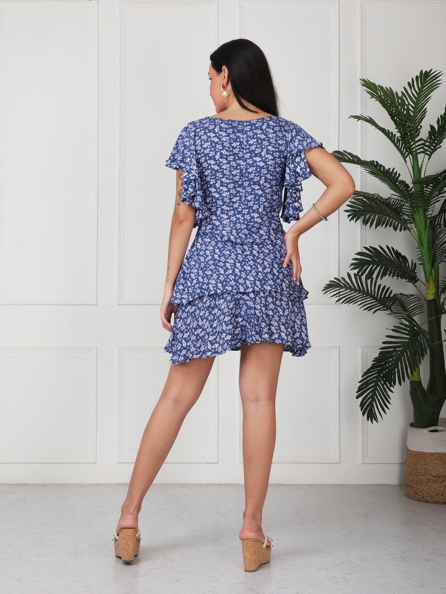 Blue Floral Printed V - Neck Mini Dress - GAIIA