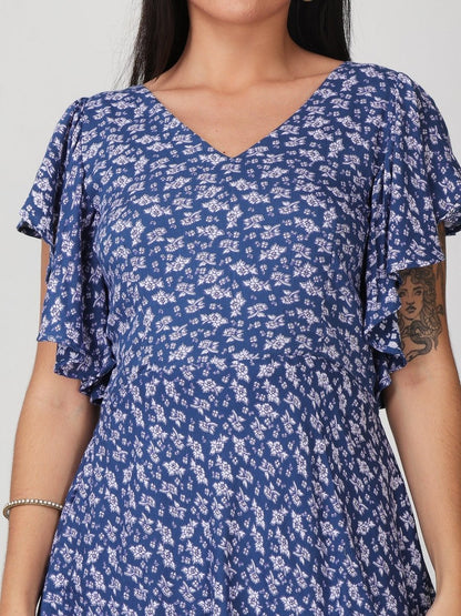 Blue Floral Printed V - Neck Mini Dress - GAIIA