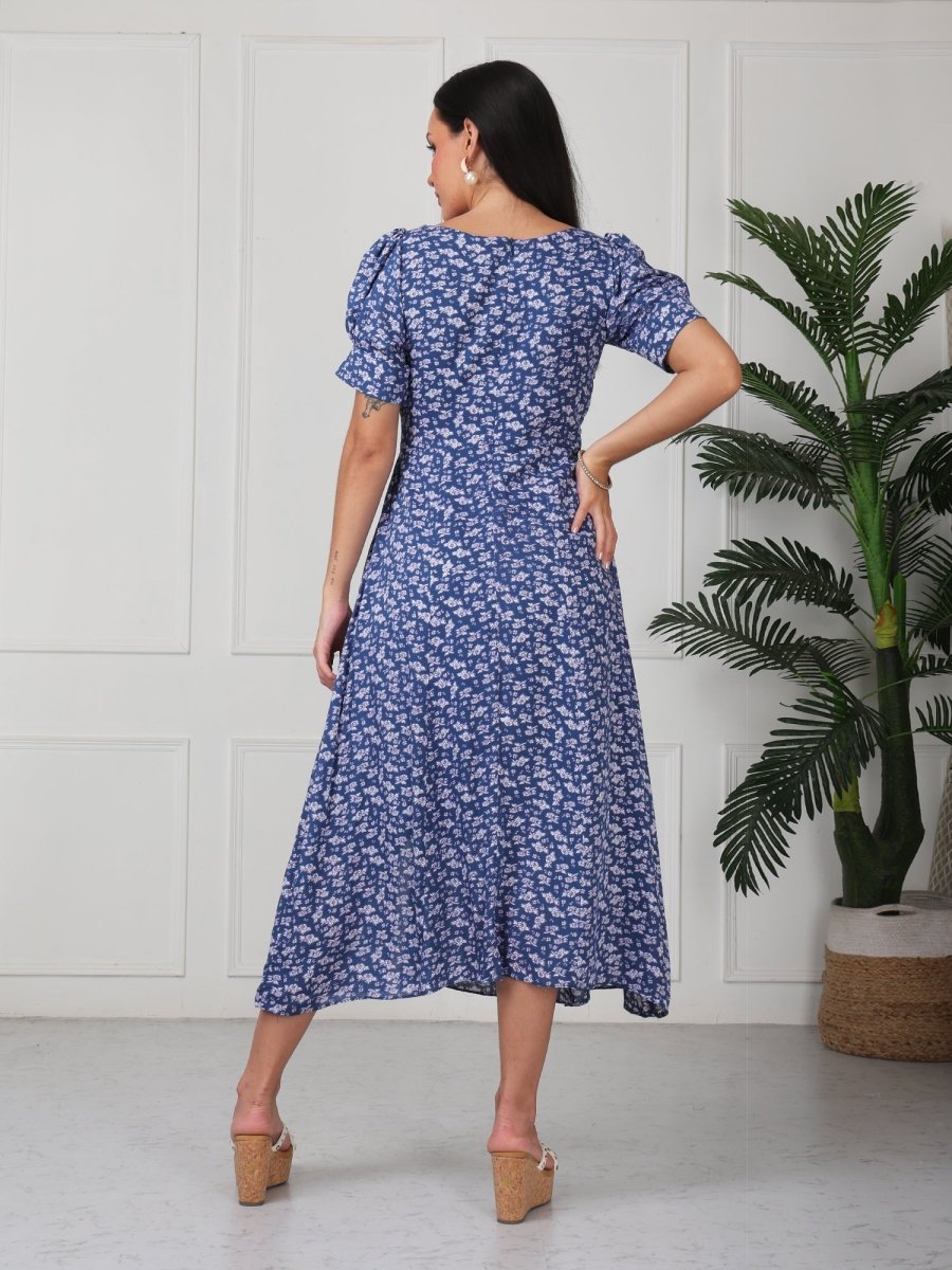 Blue Printed V Neck Side Slit Maxi Dress - GAIIA