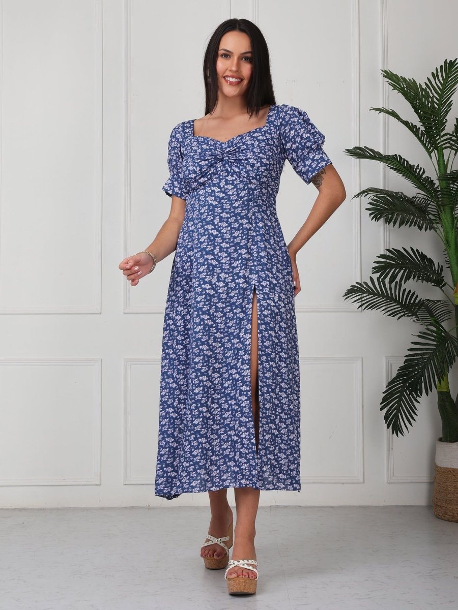 Blue Printed V Neck Side Slit Maxi Dress - GAIIA