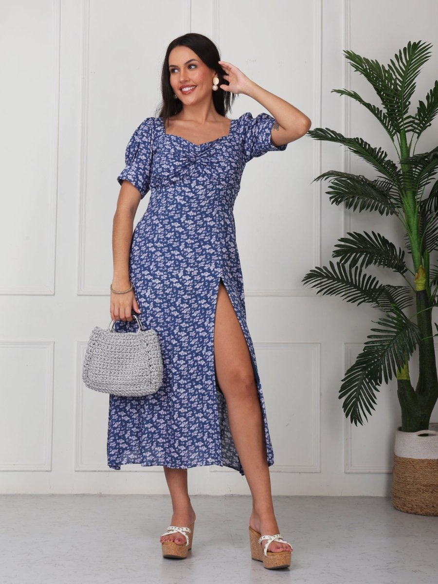 Blue Printed V Neck Side Slit Maxi Dress - GAIIA