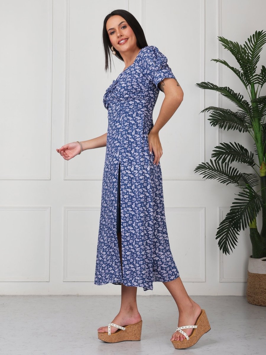 Blue Printed V Neck Side Slit Maxi Dress - GAIIA
