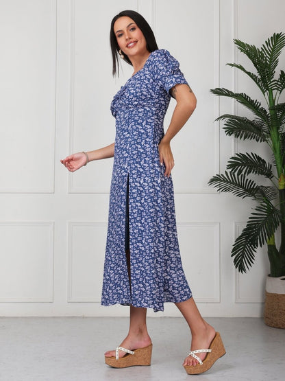 Blue Printed V Neck Side Slit Maxi Dress - GAIIA