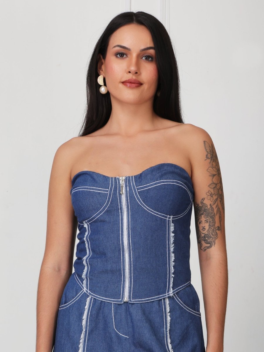 Blue Solid Denim Tube Co - Ord Set - GAIIA