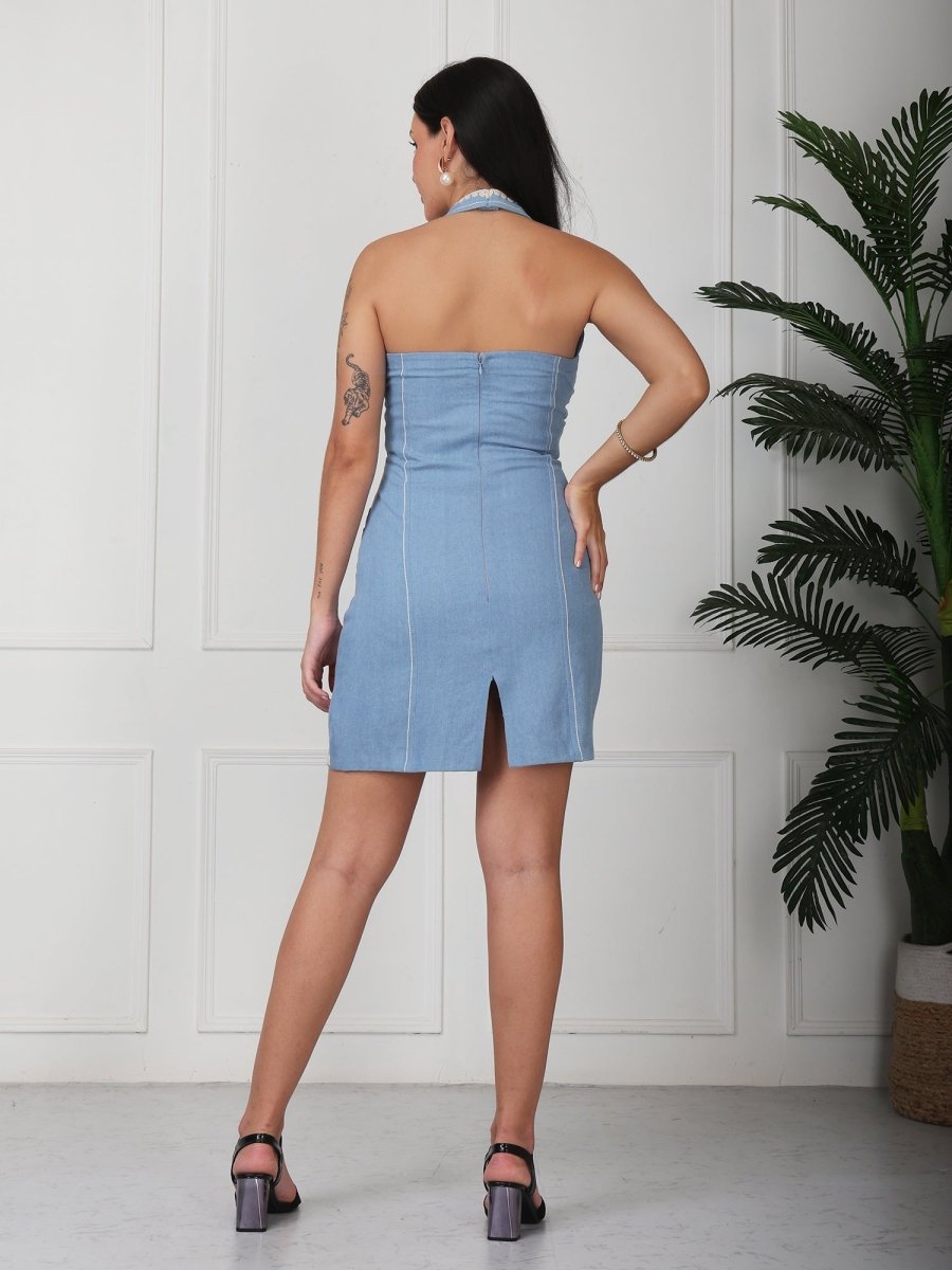 Blue Solid Halter Neck Denim Mini Dress - GAIIA