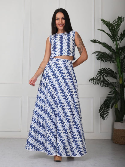 Blue & White Printed Sleeveless Co - Ord Set - GAIIA