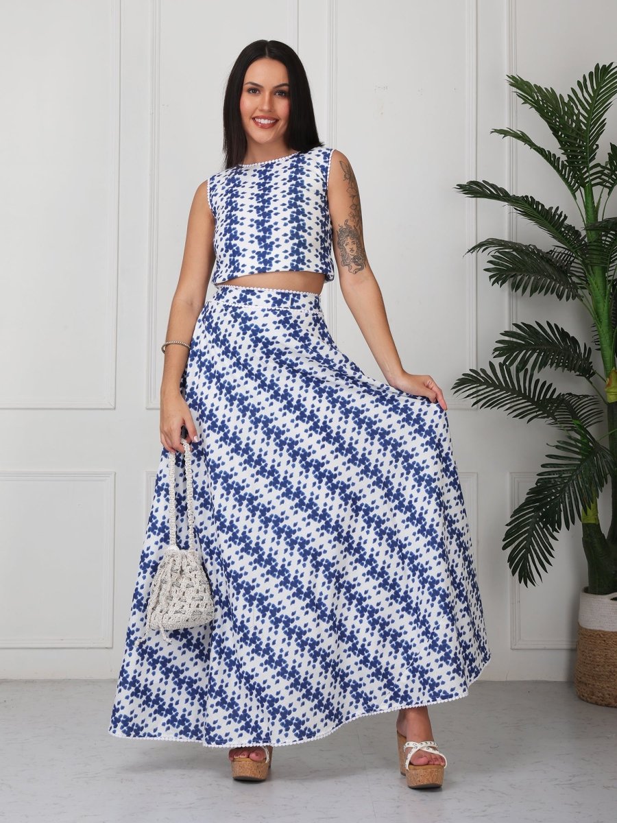 Blue & White Printed Sleeveless Co - Ord Set - GAIIA