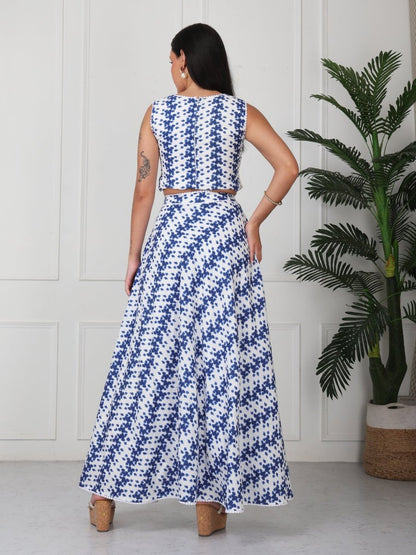Blue & White Printed Sleeveless Co - Ord Set - GAIIA
