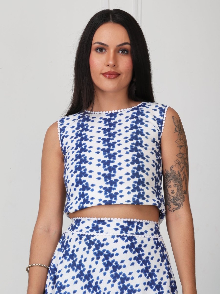 Blue & White Printed Sleeveless Co - Ord Set - GAIIA