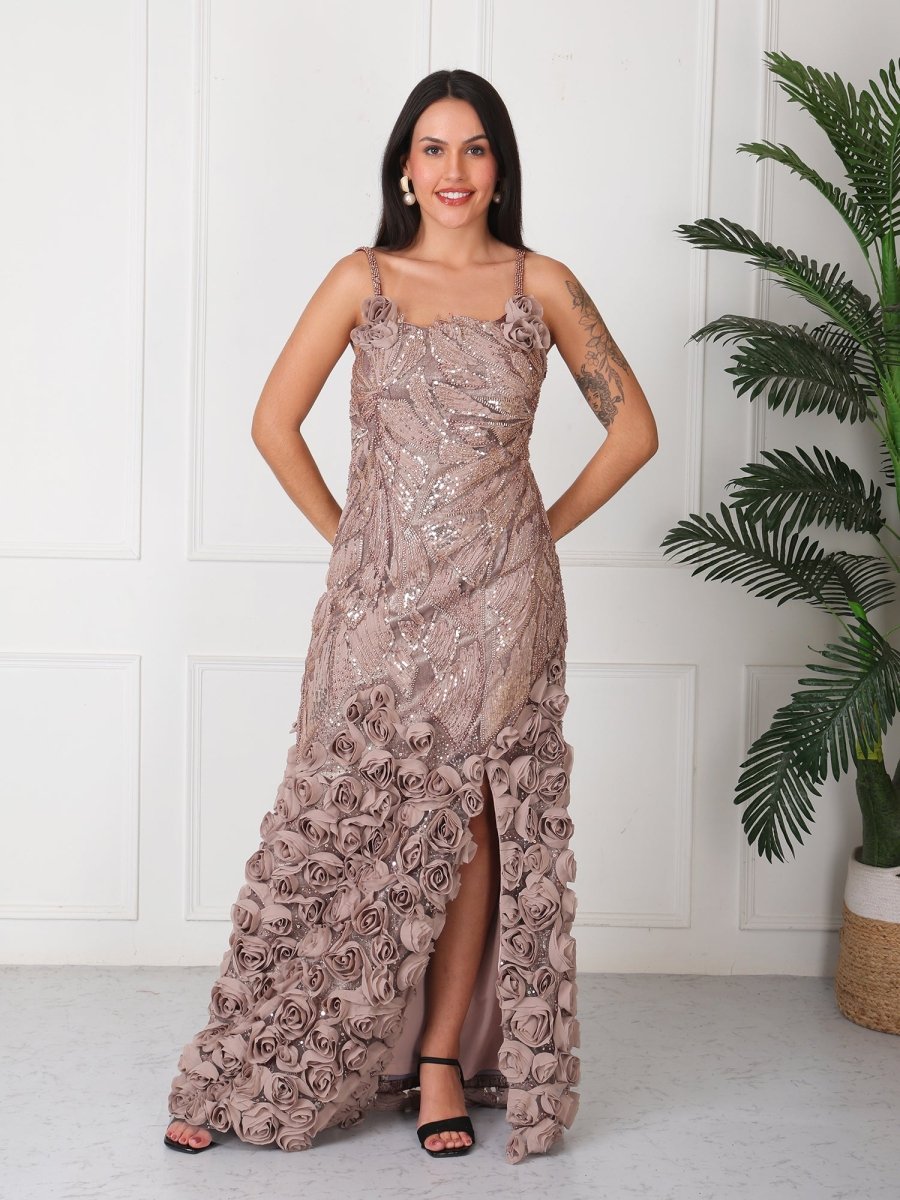 Brown Floral Embellished Party Maxi Gown Dress - GAIIA
