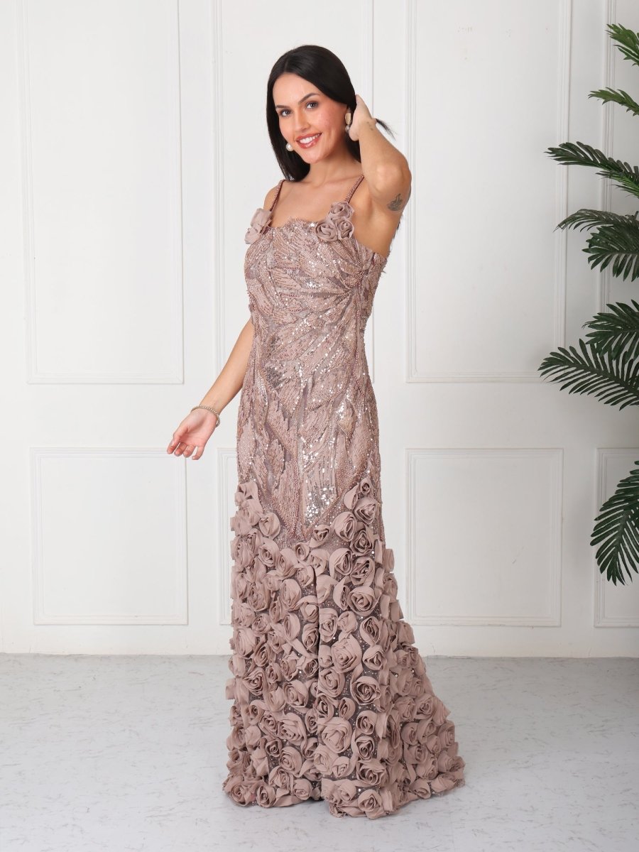 Brown Floral Embellished Party Maxi Gown Dress - GAIIA