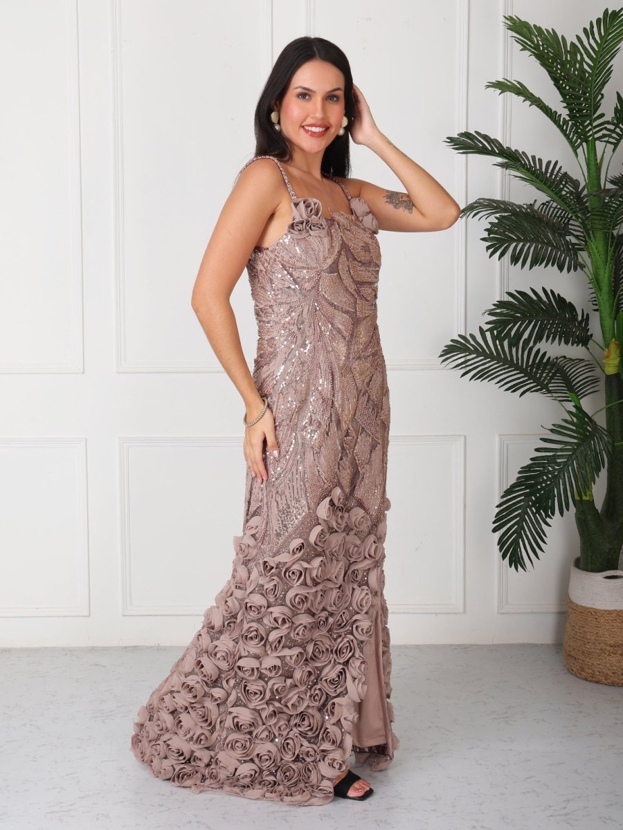 Brown Floral Embellished Party Maxi Gown Dress - GAIIA