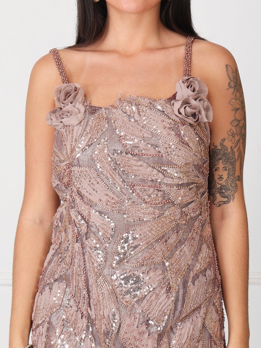 Brown Floral Embellished Party Maxi Gown Dress - GAIIA