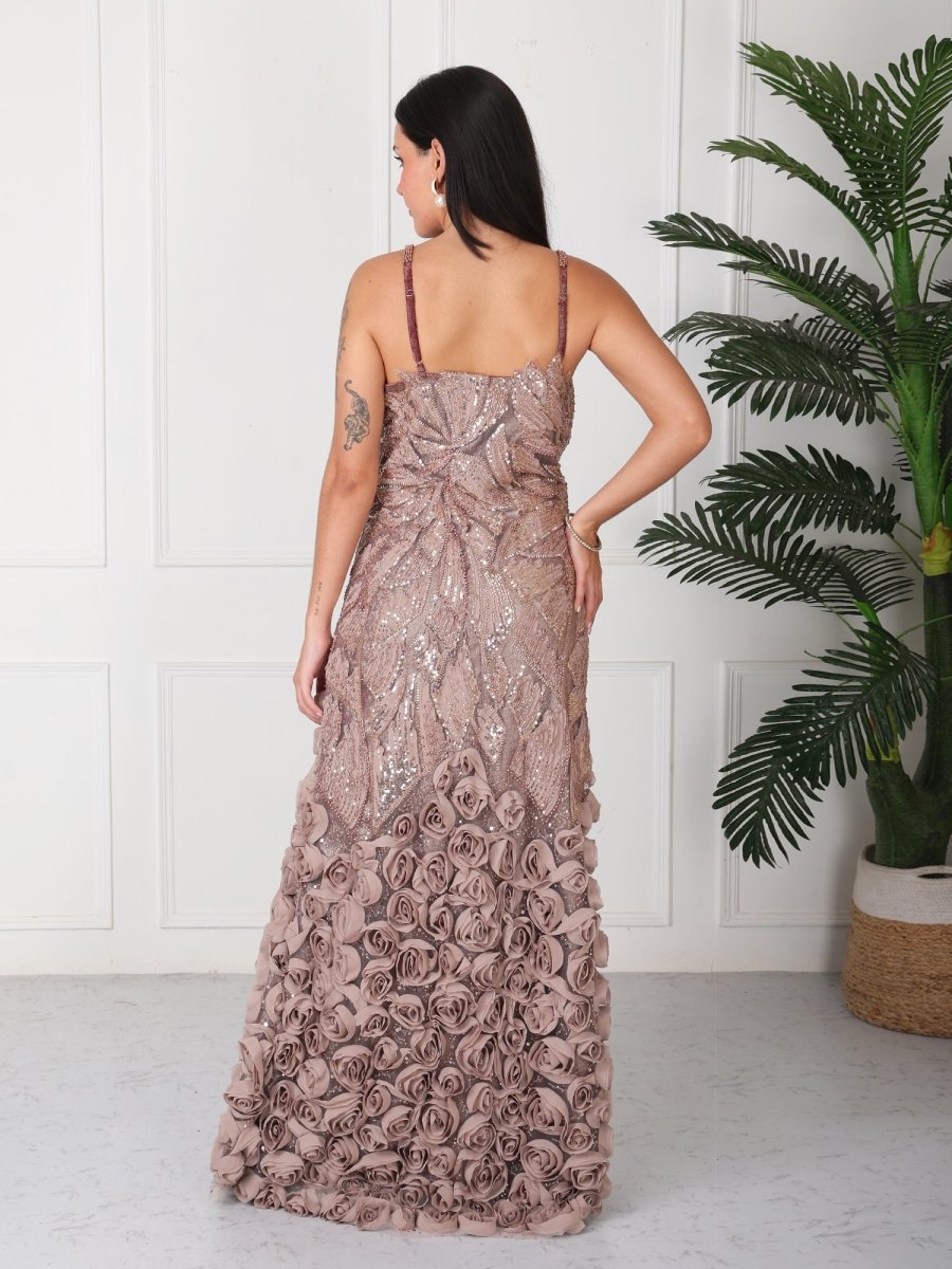 Brown Floral Embellished Party Maxi Gown Dress - GAIIA