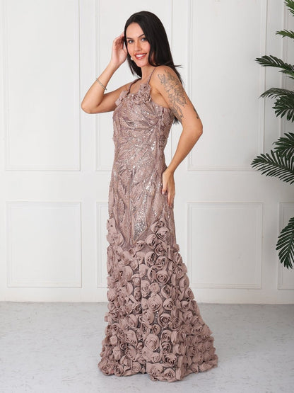 Brown Floral Embellished Party Maxi Gown Dress - GAIIA