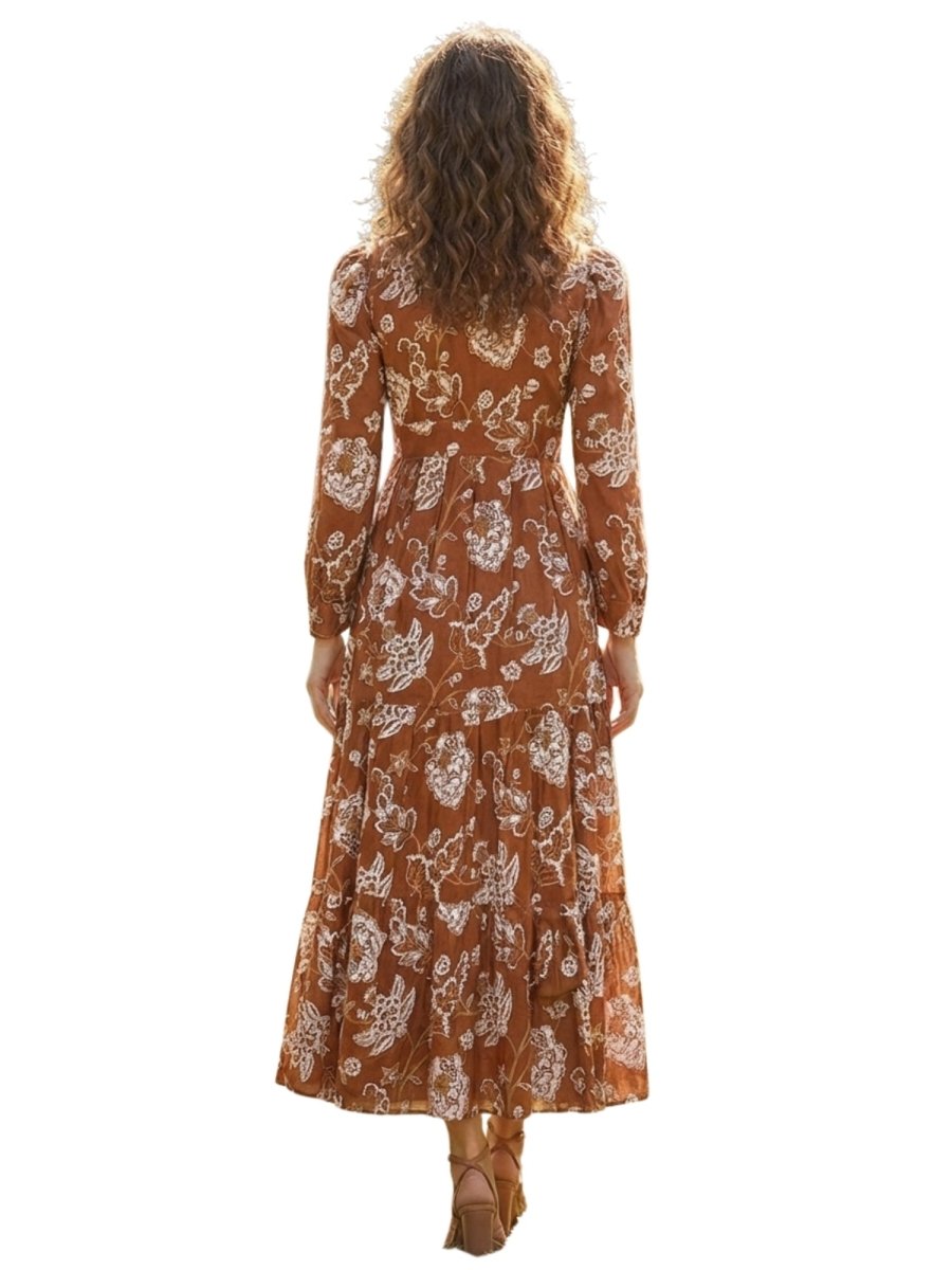 Brown Floral Printed Satin Maxi Dress - GAIIA