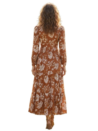 Brown Floral Printed Satin Maxi Dress - GAIIA