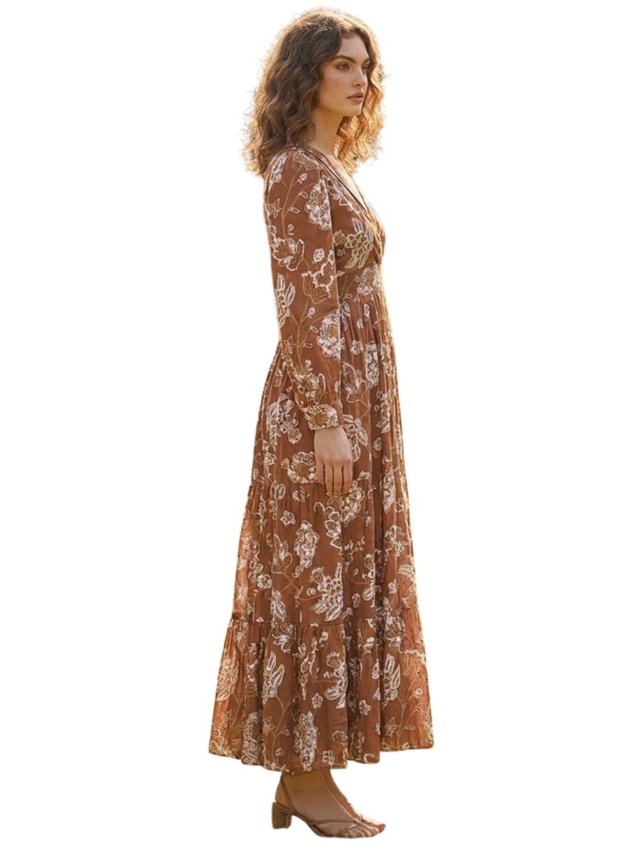 Brown Floral Printed Satin Maxi Dress - GAIIA