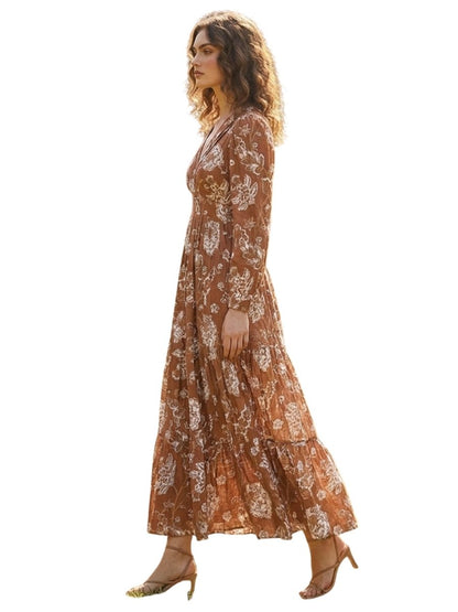 Brown Floral Printed Satin Maxi Dress - GAIIA