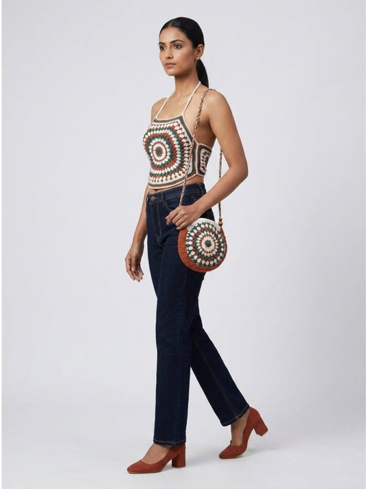 Brown Handcrafted Floral Crosio Knit Set - GAIIA
