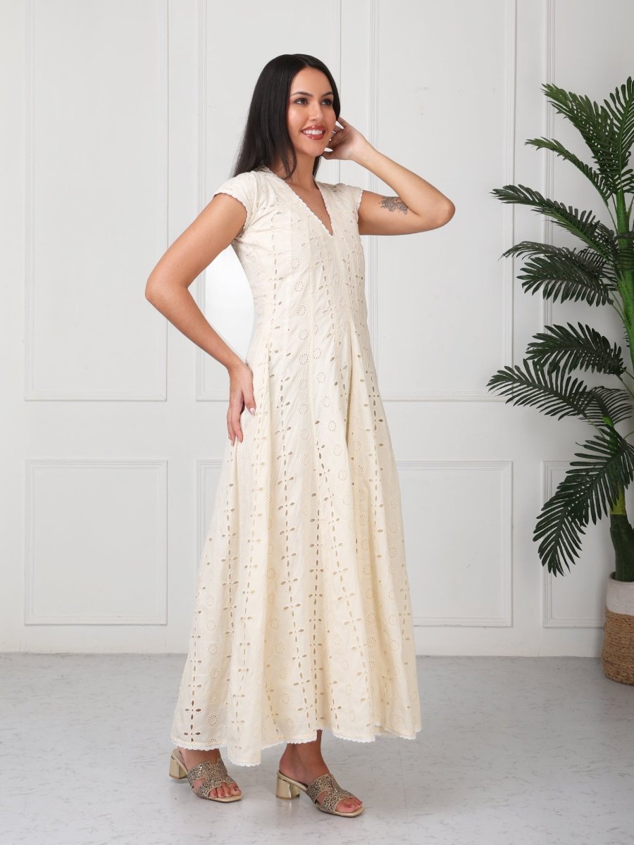 Cream Embroidered Veronica Flared Maxi Dress - GAIIA