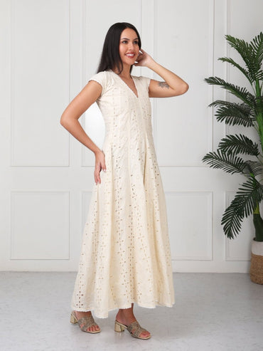 Cream Embroidered Veronica Flared Maxi Dress - GAIIA