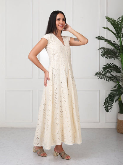 Cream Embroidered Veronica Flared Maxi Dress - GAIIA