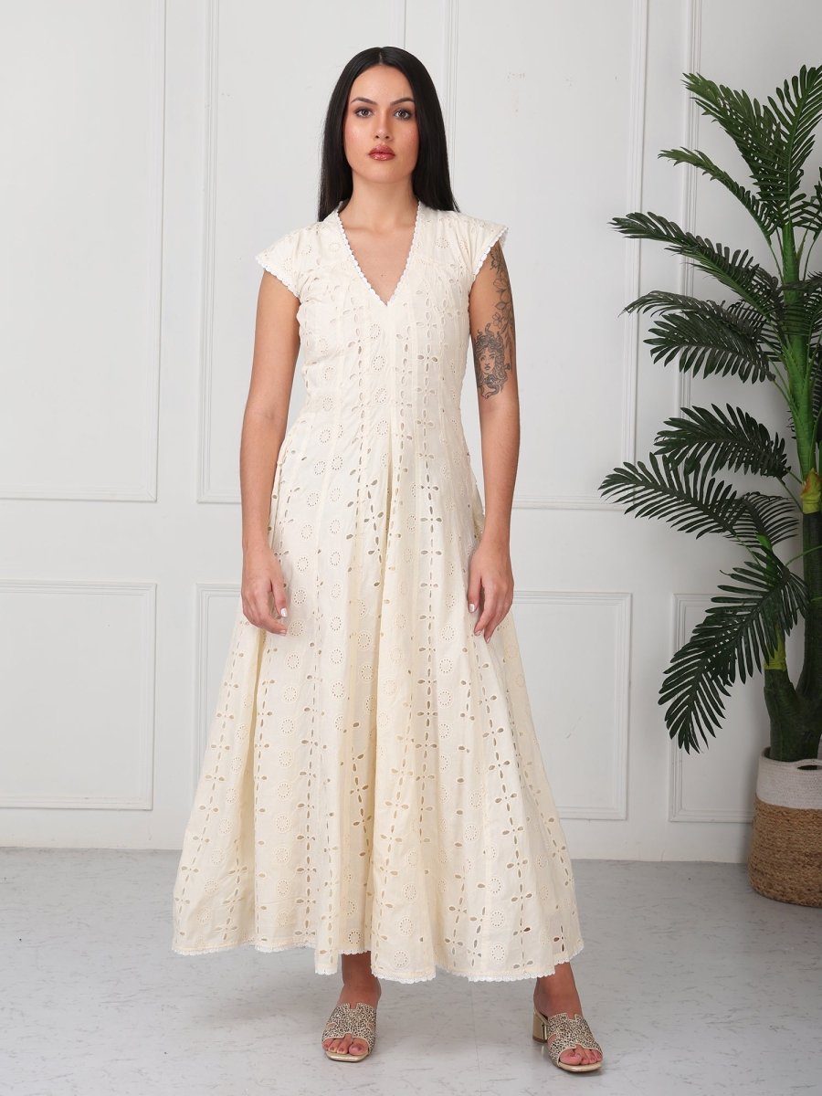 Cream Embroidered Veronica Flared Maxi Dress - GAIIA