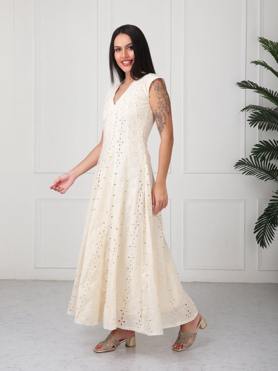 Cream Embroidered Veronica Flared Maxi Dress - GAIIA