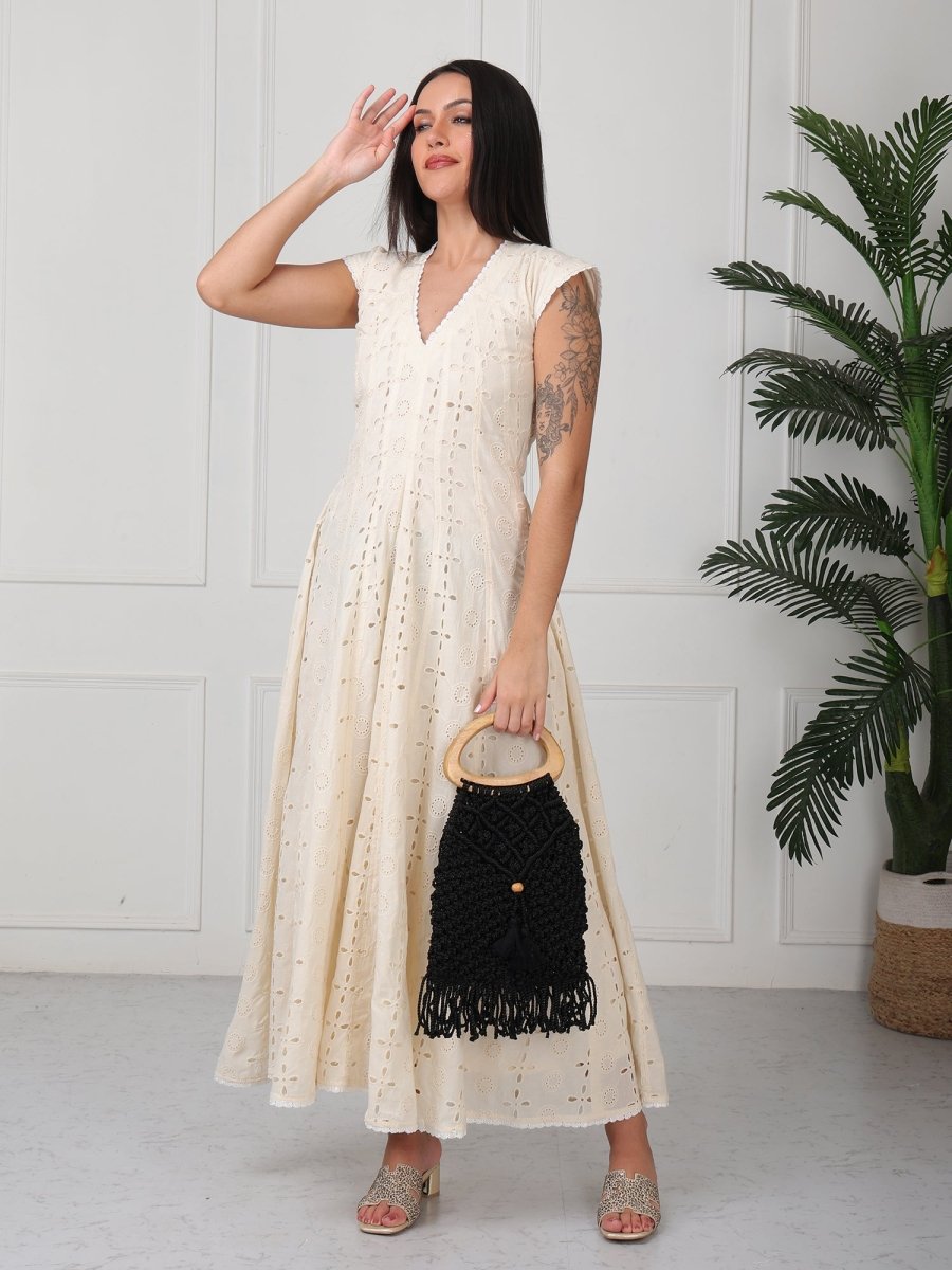 Cream Embroidered Veronica Flared Maxi Dress - GAIIA